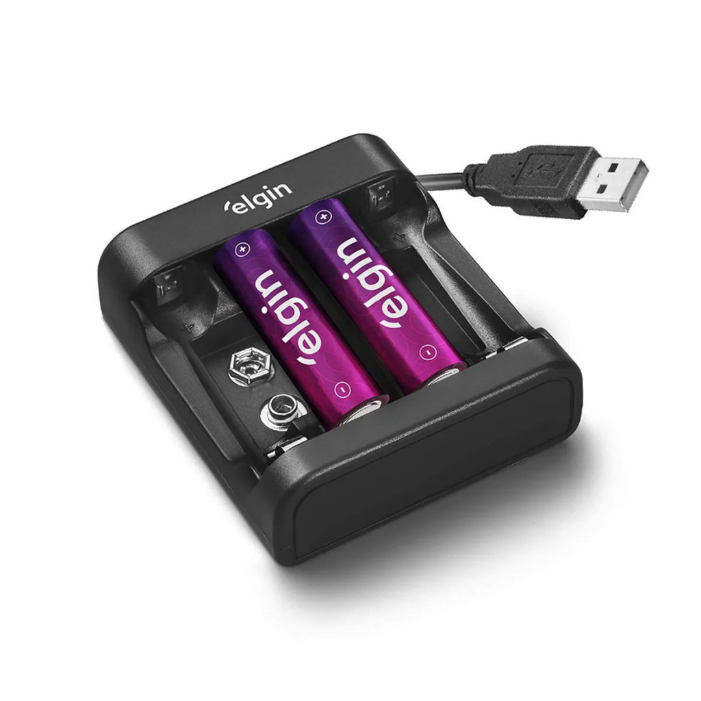 Carregador de Pilhas Bivolt USB Com 2 Unidades AA Elgin