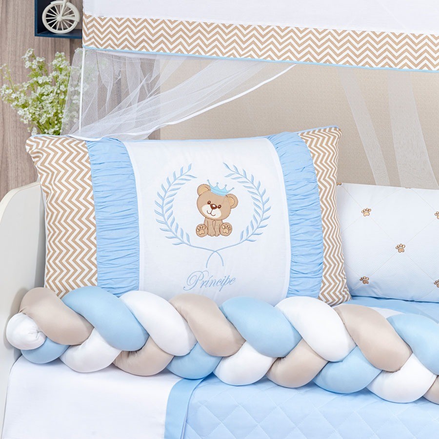Kit Berco Teddy Tranca 11 Pcs Menino Urso Principe Azul Bebe Chevron Protetor Americano Mosquiteiro