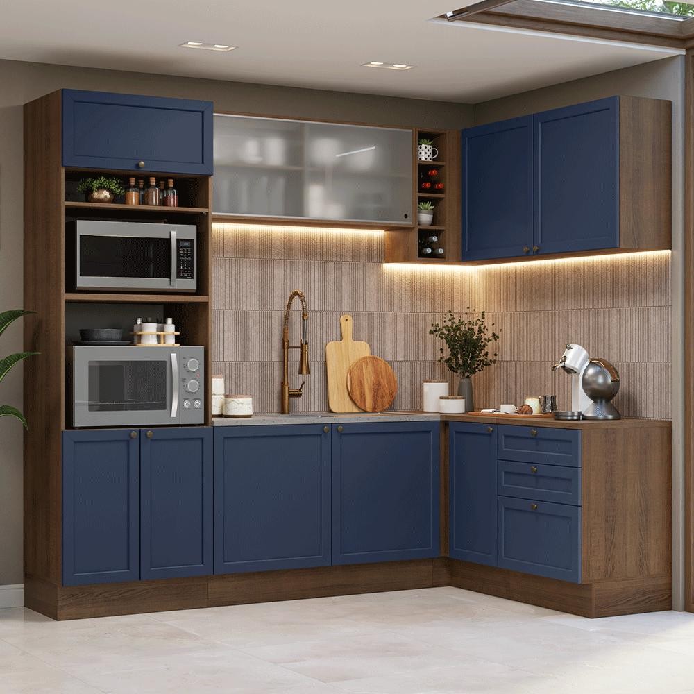 Armário de Cozinha Completa de Canto 399 cm Rustic/Azul Vik Madesa 01