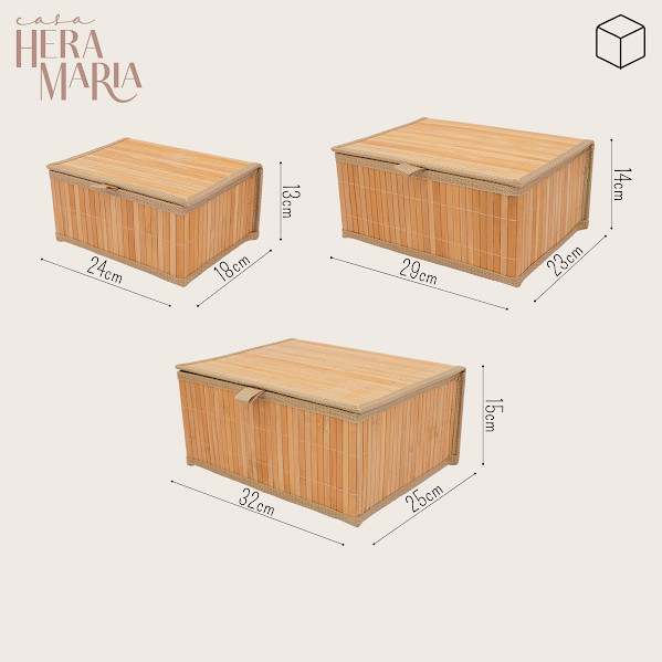 Jogo De 3 Cestos Decorativos Organizadores Em Bambu Com Tampa Design Natural Minimalista
