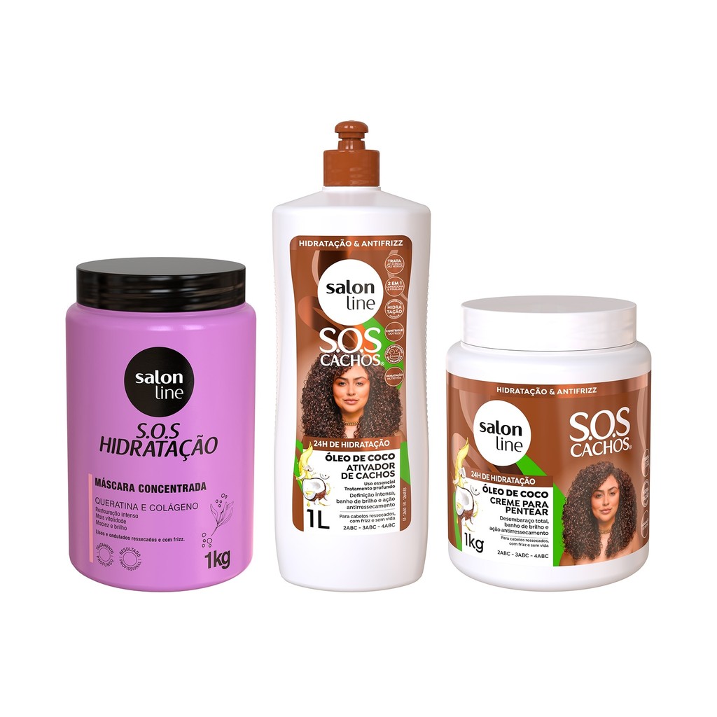 Kit com Creme Para Pentear e Ativador de Cachos SOS Cachos Coco + Máscara SOS Hidratação Bio-Reconstrução Salon Line - Beauty