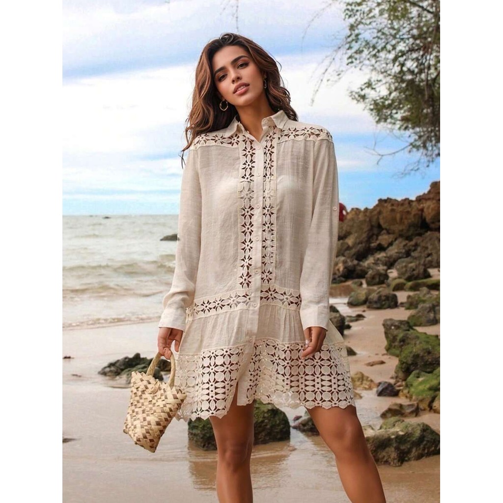 Vestido Saia camisa grandes de praia ocas essenciais para férias tamanho único 38-44 , Casual Confortável Feminino Moda