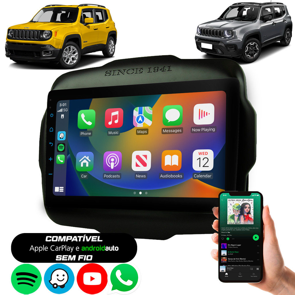 Multimídia 9 Polegadas Jeep Renegade Carplay Android Auto Sem Fio Com Espelhamento Celular Bluetooth + Moldura em Oferta na Shopee