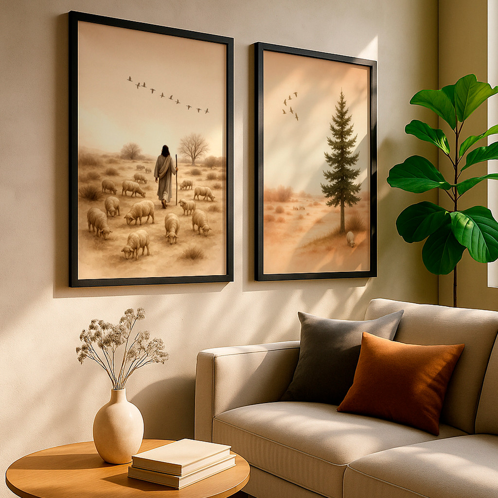 Kit 2 Quadros Pastor e Ovelhas Paisagem Cristã Religiosa Tons Quentes Fé e Esperança Com Moldura em Oferta na Shopee