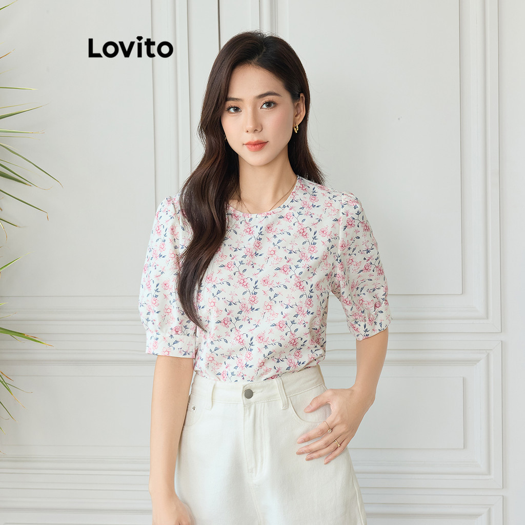 (Trendy) Lovito Blusa Casual Ditsy Floral Button Blusa De Verão Para Mulheres L104ED787 - Women Clothes