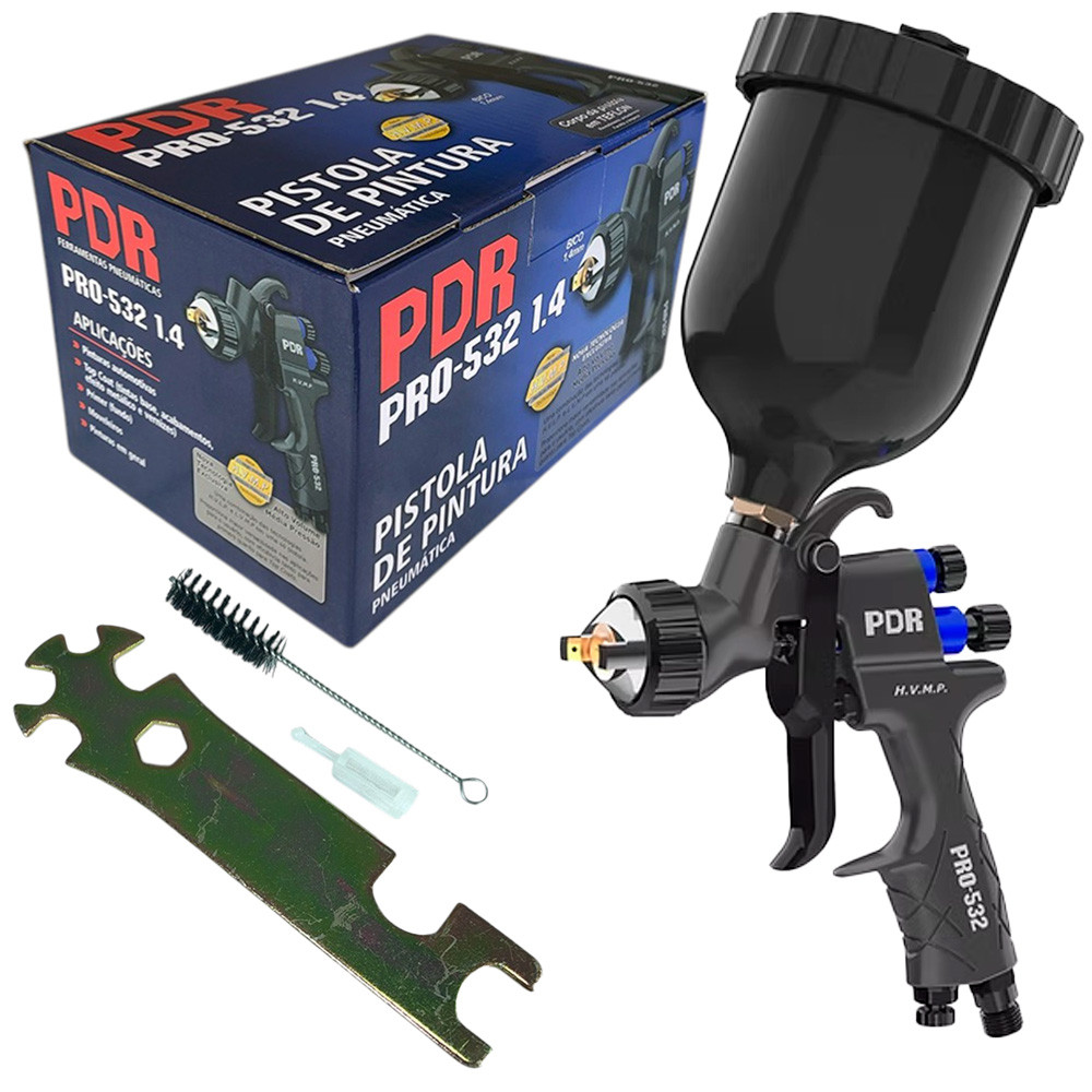 Pistola de Pintura Profissional PDR HVMP a Gravidade 64psi Bico de 1.4mm Copo de 600ml Preto