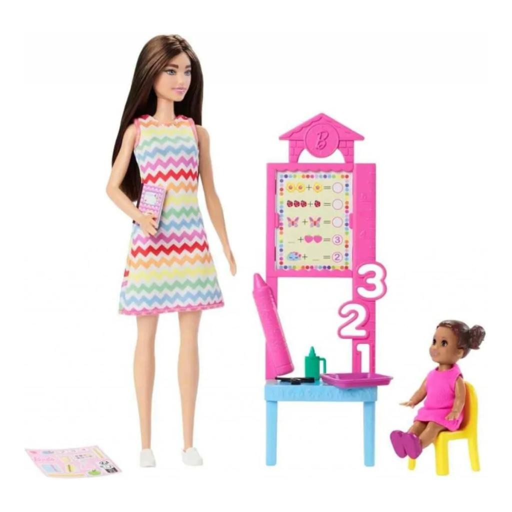 Boneca Barbie Professora com Aluna Morena - Conjunto Educativo e Acessórios - Mattel JCR76/JCR71