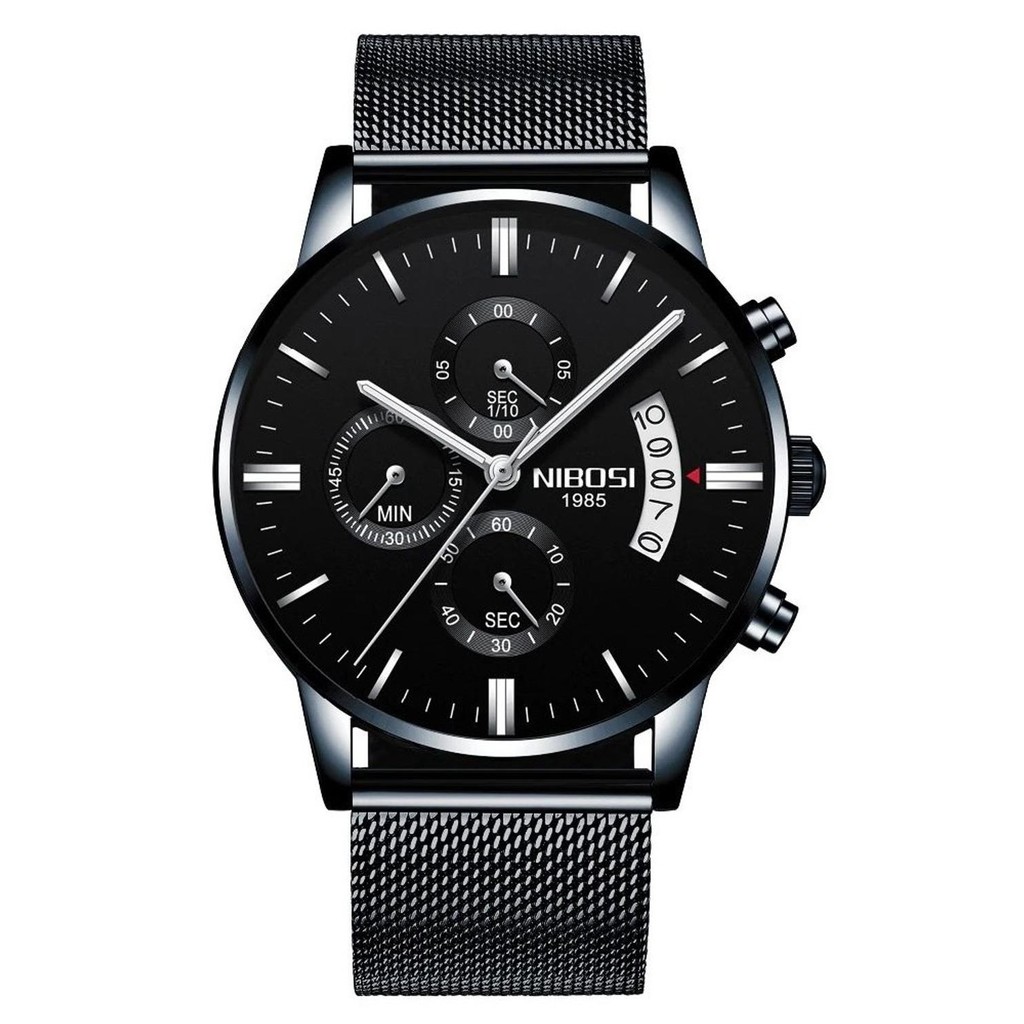 Relógio Masculino Nibosi 2309 Clássico Preto Pulseira Mesh Cronoógrafo Funcional Aço Inoxidável 43mm