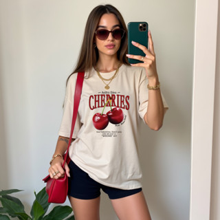 Camiseta Oversized Feminina Estampada Casual "Cherries cereja" Algodão Premium Moda Urbana 2025. em Oferta na Shopee