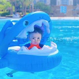 Boia com assento fralda Cama flutuante de tubarão com capa, fralda inflável, brinquedo de bebê, guarda-chuva de piscina em Oferta na Shopee