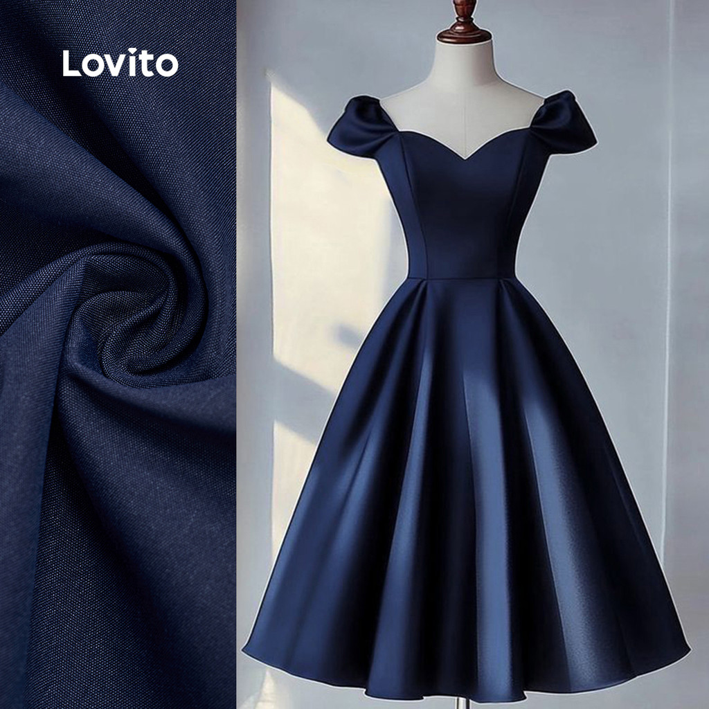 (New) Lovito Vestido Elegante com Pregas Primavera/verão Vestido Azul Marinho para Mulheres L143ED089 em Oferta na Shopee