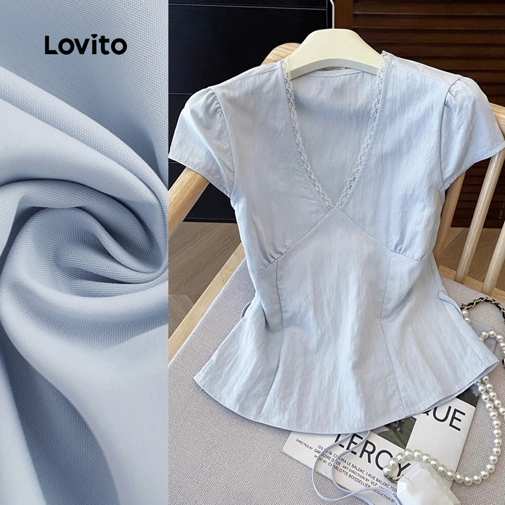(New) Lovito Blusa Casual de Renda Leve em Cores Block para Primavera/verão  Blusa Azul para Mulheres L144AD132 em Oferta na Shopee