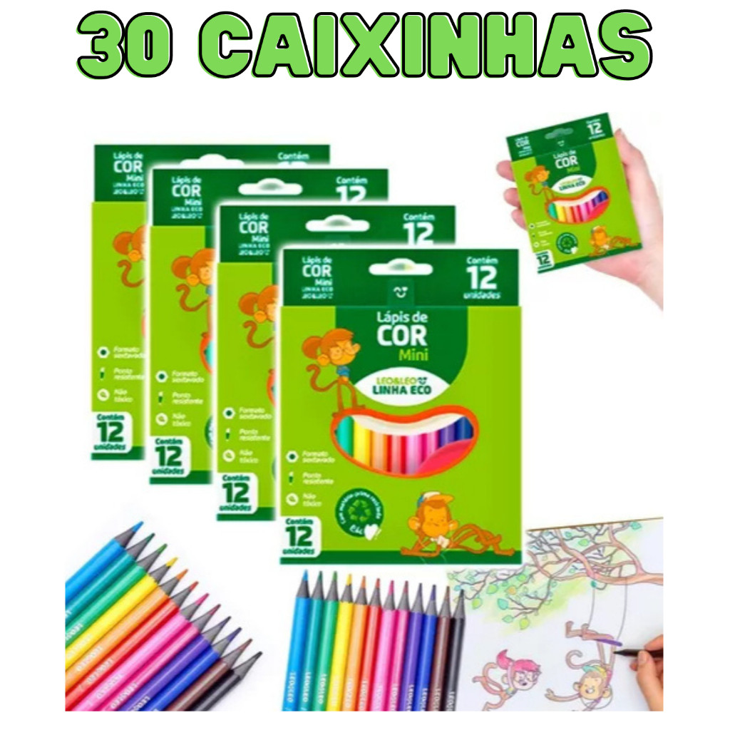 Kit 30 Caixas Lápis Cor Mini 12 Cor Escola Desenho Pintura