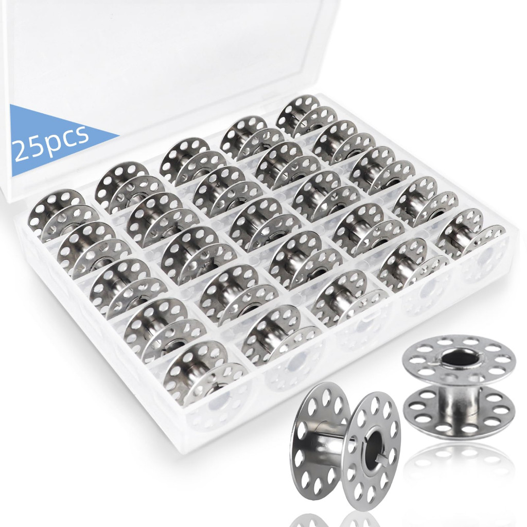 Kit com 25 bobinas carretilha altas de metal para maquina reta industrial + estojo em Oferta na Shopee