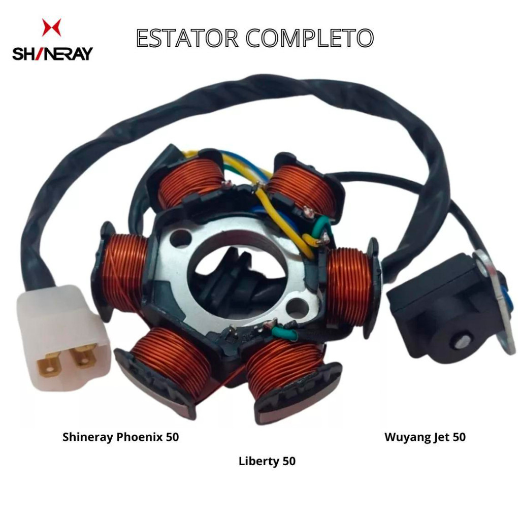 Estator Completo Shineray Phoenix 50+ Wuyang Jet 50 Liberty 50 06 Bobinas - 4 Pinos Conector Macho