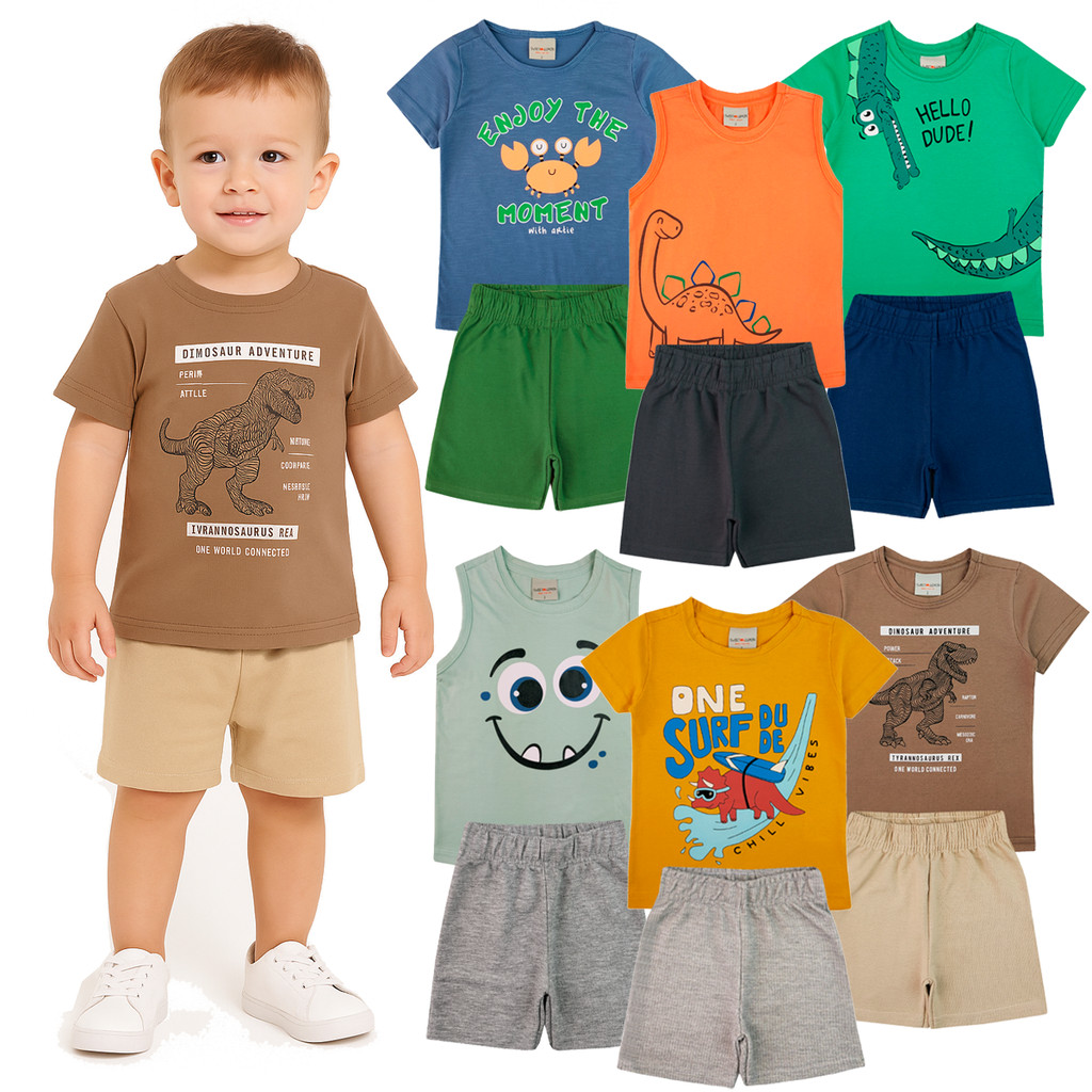 Kit 6 Peças Sortido Roupa Algodão Camiseta Bermuda Verão Bebê Menino Masculino