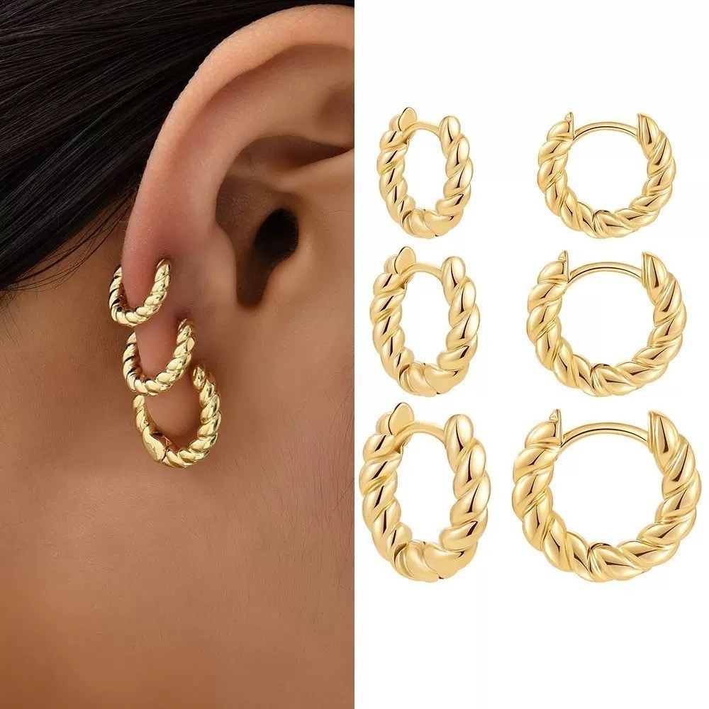 3 pares de brincos de argola trançados banhados a ouro 18K ou prata 925 para mulheres em Oferta na Shopee