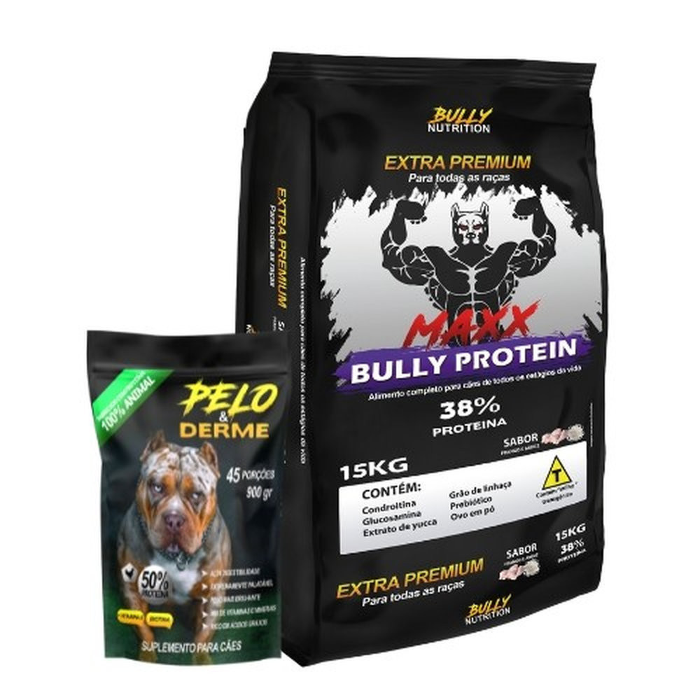 Ração Maxx Bully Protein 15kg + Suplemento Bully Pelo & Derme 900g + Moringa Dog 60g