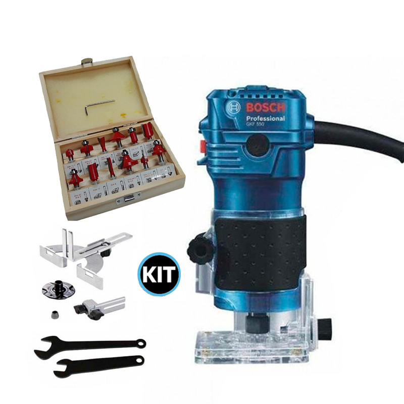 Tupia Profissional Elétrica 550w  Jogo de Fresas para Madeira Haste 6mm 12 Pecas GKF 550 Bosch (220v)