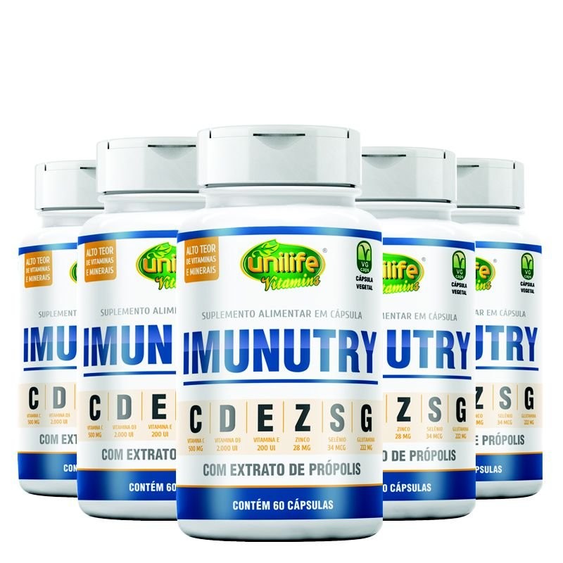 Kit 5 Imunutry Zinco, Selênio, Glutamina, Própolis e Vitaminas C, D e E Unilife 60 cápsulas