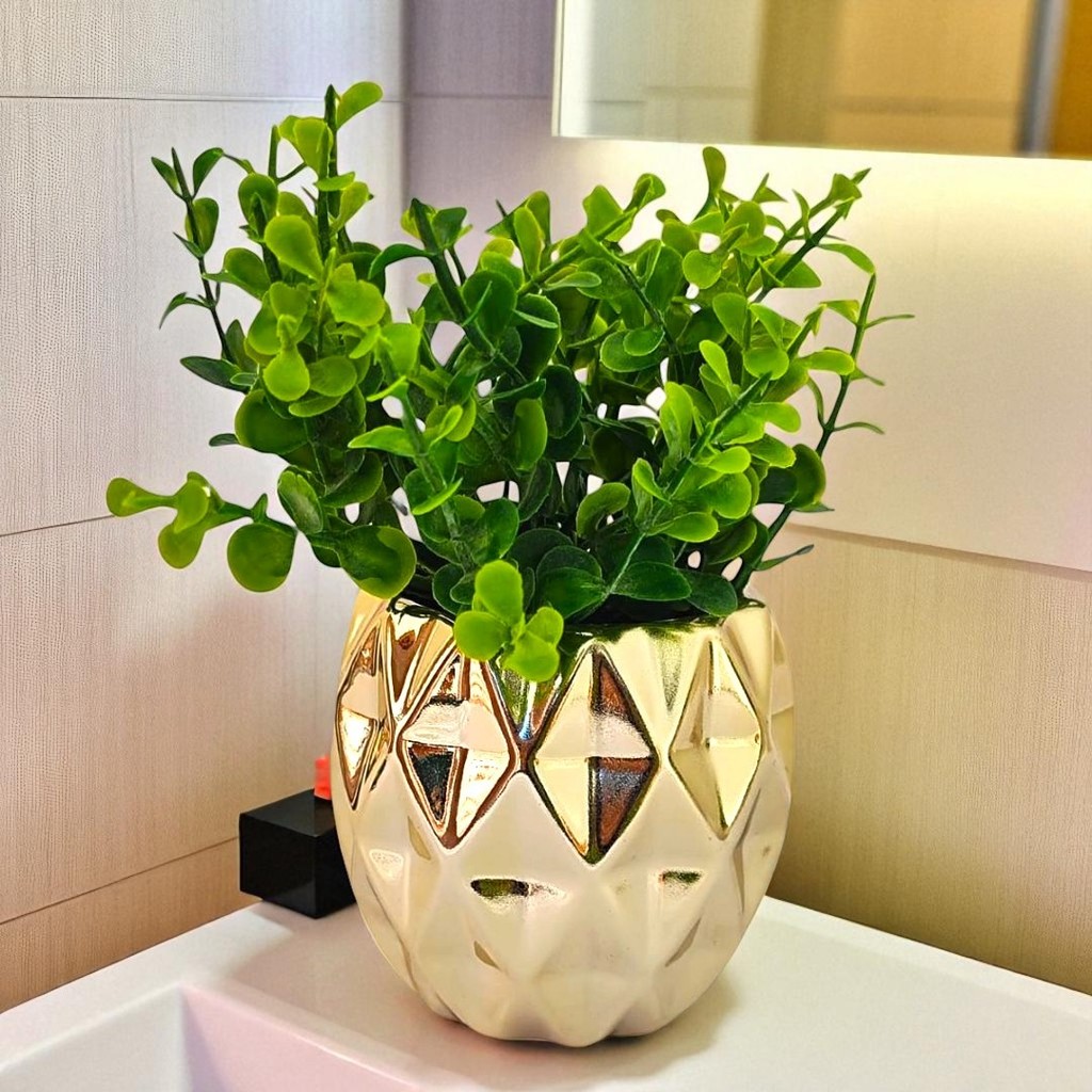 Vaso Redondo em Cerâmica Decoração Elegante Com detalhes 3D e Planta Rose Gold Dourado Prata
