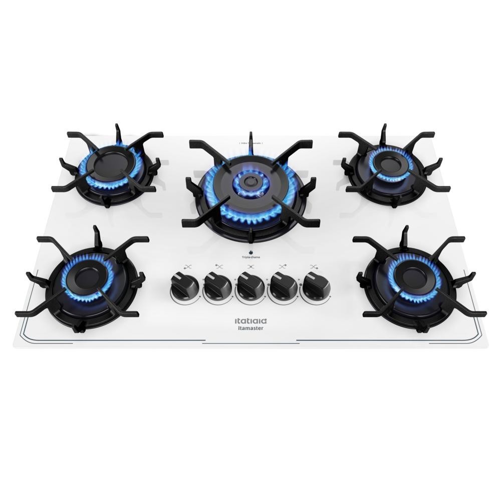 Fogão Cooktop 5 Bocas Branco Gás Itamaster Itatiaia bivolt Tripla Chama Trempe Ferro e Mesa de Vidro - Home Appliances