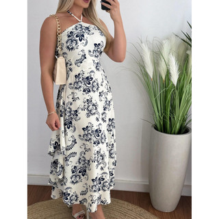 Vestido Feminino Primavera 2024 Halter Pescoço Vestido De Verão Sudeste Asiático Estilo Férias Branco Impressão Abstrata