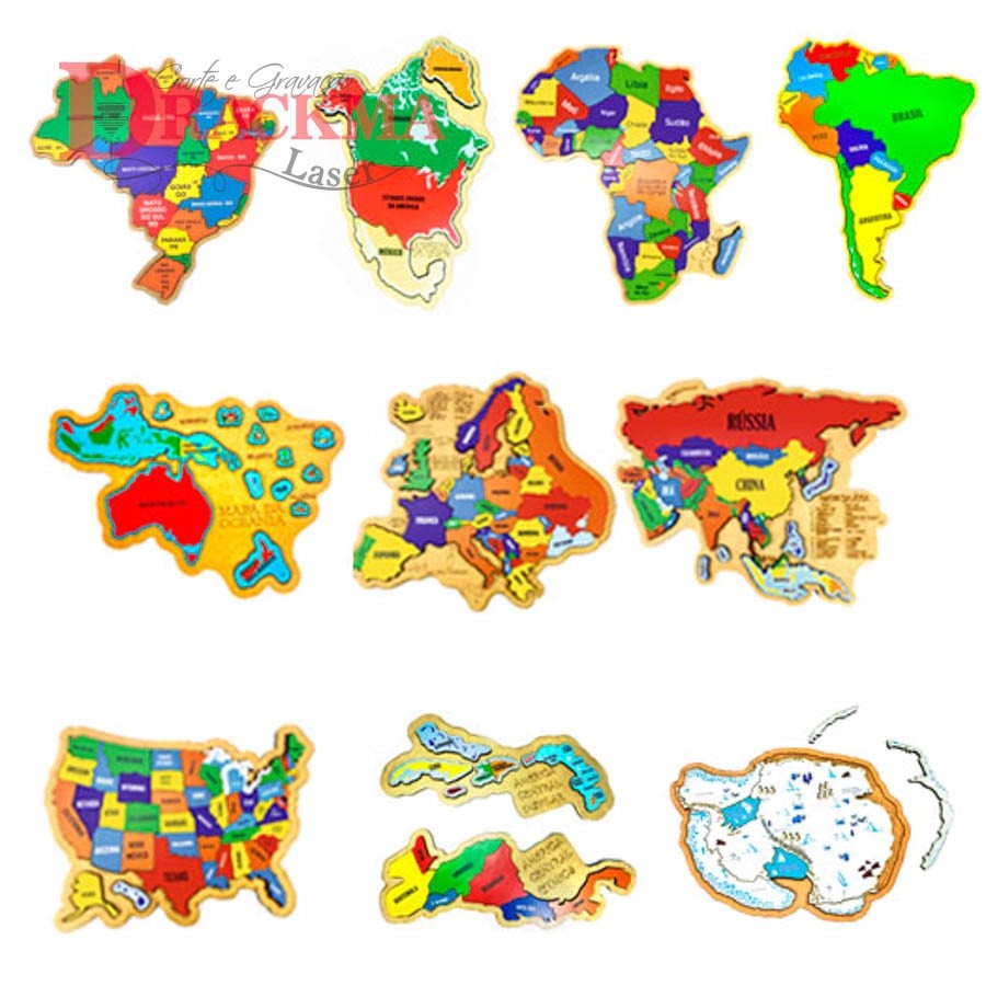 Kit Quebra-cabeça Mapas África Oceania BR América do Sul e Norte, Central Ístmico e Insular Europa Ásia, EUA Antártida