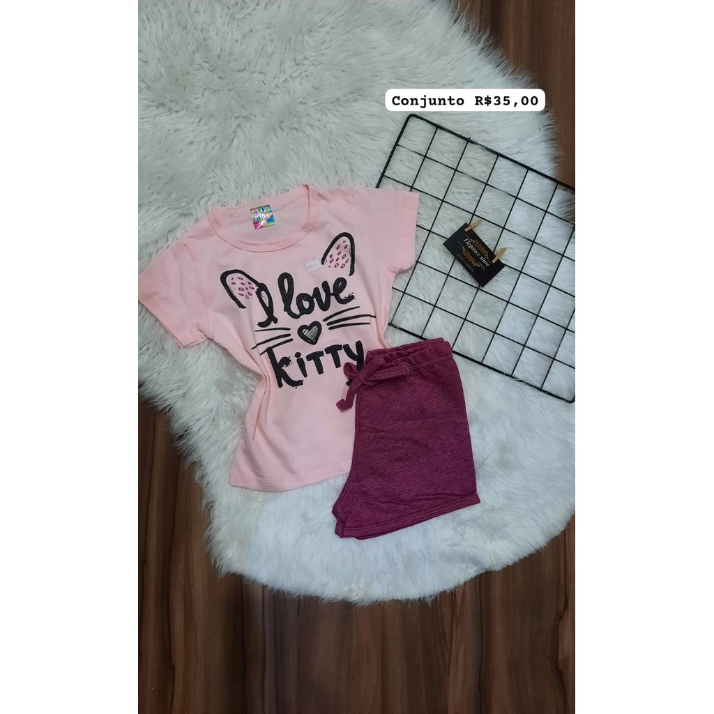Conjunto infantil menina verão blusa + short modelo love tamanho 6 e 8 conjunto basico dia a dia escola passeio