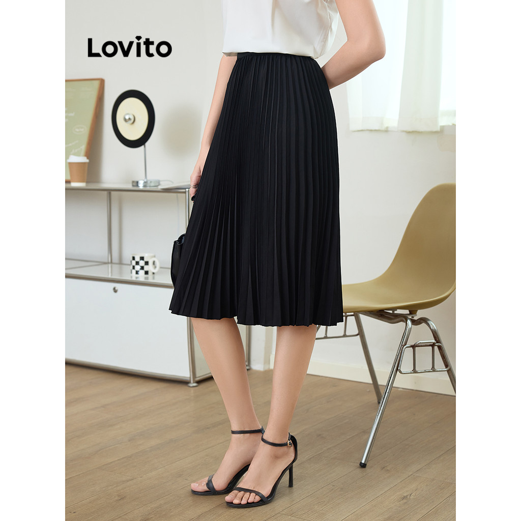 Detalhes do Lovito Saias Femininas Casuais Lisas Plissadas Essenciais L100MD0363