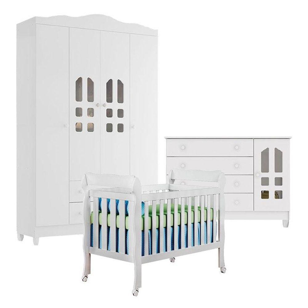 Quarto De Bebê New Selena 4 Portas Com Berço Lila E Cômoda Gran Selena Branco Brilho - Mom & Baby