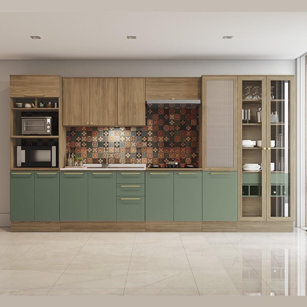 Kit Cozinha Completa Modulada Balcão Para Pia Armário Paneleiro Cristaleira Marrom Madeira Verde em Oferta na Shopee