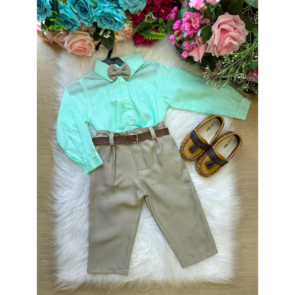 Conjunto Social Masculino Verde com Calça Bege + Gravata Infantil Juvenil Casamento Festa Luxo Miss Cherry
