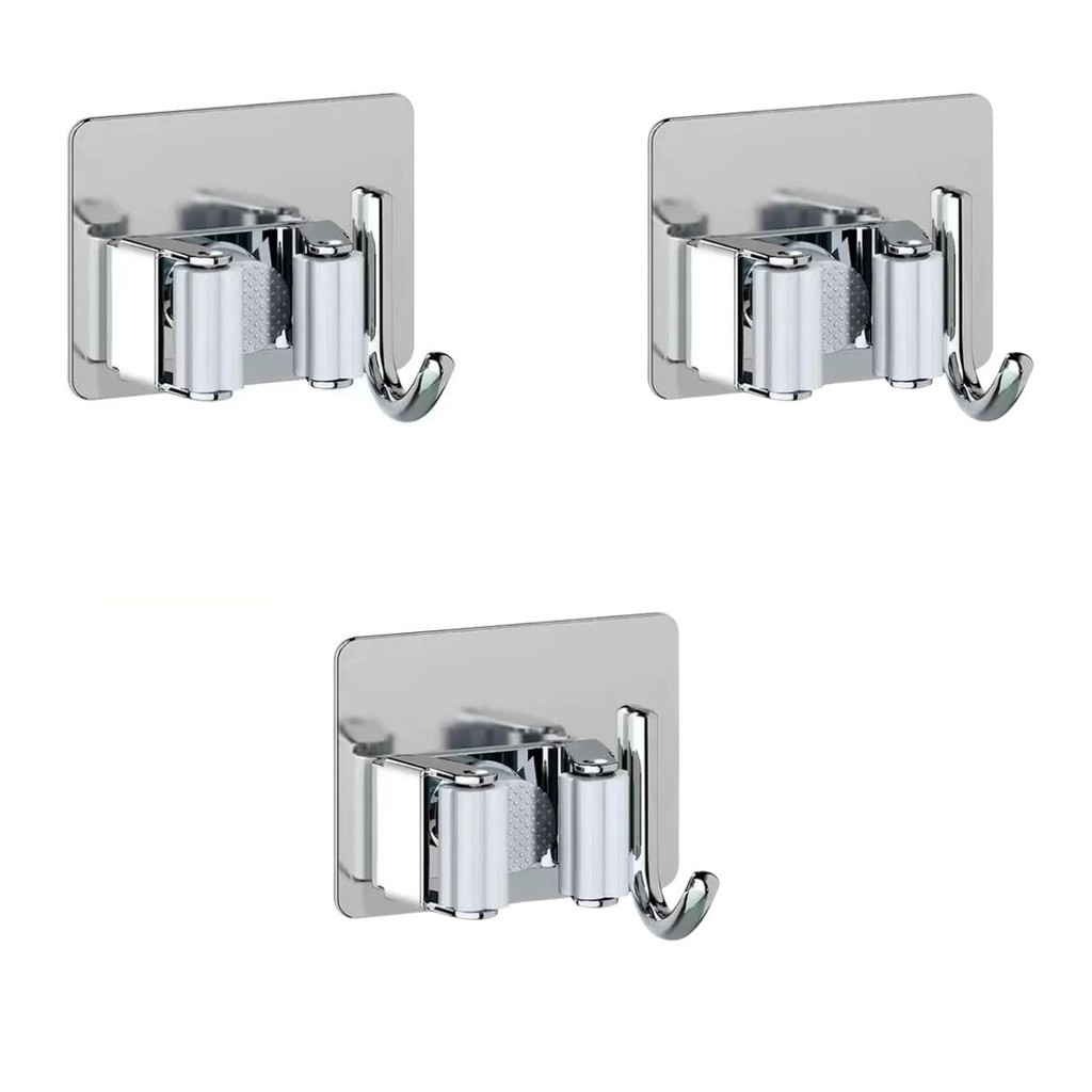 3 Porta Vassoura/rodo Com Encaixes/ganchos Multiuso Aço Inox