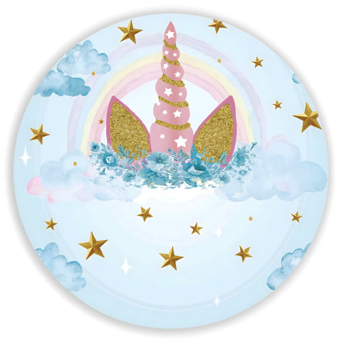 NOVO Painel Festa Infantil Redondo Únicornio, Detalhes Dourados, Nuvens, Arco íris, fundo aquarela + Arco, Suporte incluso. Fazemos personalizado com qualquer tema. Confeccionado em Lona fosca, impressão de alta resolução. cenário , p/ Decoração