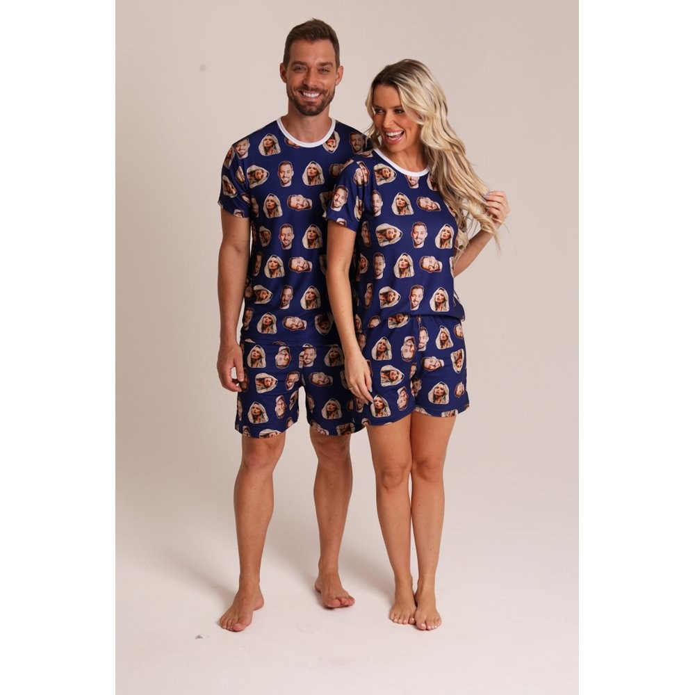 Kit Pijama Curto Personalizado com Fotos para Casal - Pijama Masculino e Feminino Customizável Azul Marinho