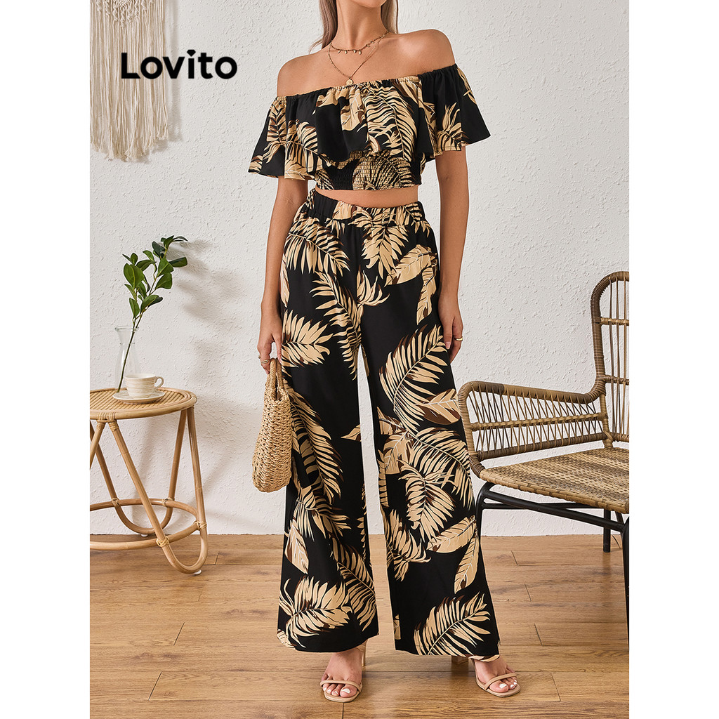 Lovito Conjuntos de calças Boho Tropical Smocked com babados para mulheres LBL15357
