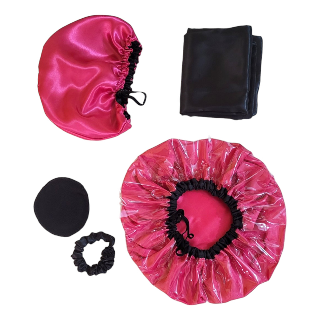 Kit Touca de Banho Toca Nero Fronha de setim Ecopad de Microfibra e Scrunchie de Cetim
