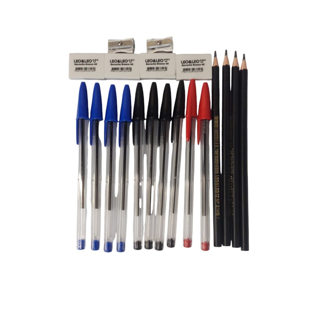 KIT BASICO ESCOLAR 20 ITEM ESCRITA CANETA BIC LAPIS BORRACHA em Oferta na Shopee