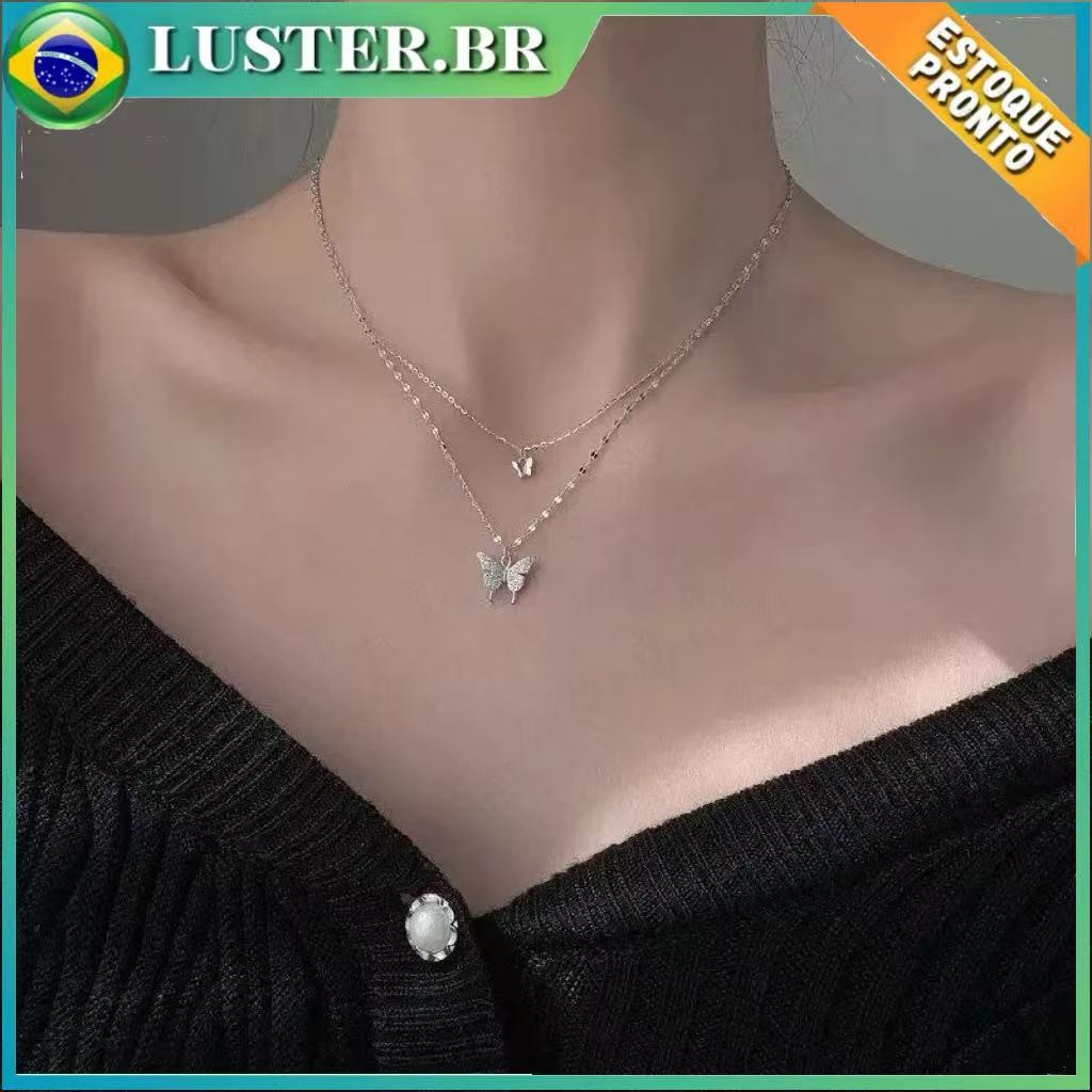925 Prata Banhado A Dupla Camada Borboleta Colar Moda Personalidade Punk Link Corrente Colar Para Mulher Colar Feminino em Oferta na Shopee