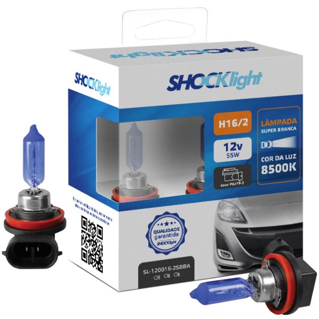 Lâmpada Halógena Super Branca 8500K H16/2 12V 19W PGJ19-33.03.00 Shocklight - SL-120016-2SBBA em Oferta na Shopee