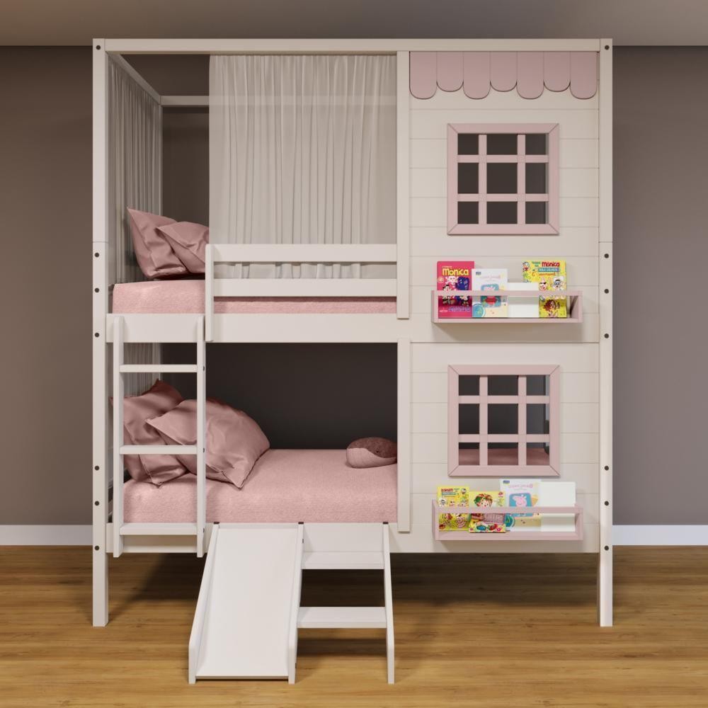 Beliche Casinha Reta 2 Janelas Escorregador Cortina Rosa em Oferta na Shopee