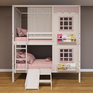 Beliche Casinha Reta 2 Janelas Escorregador Cortina Rosa em Oferta na Shopee