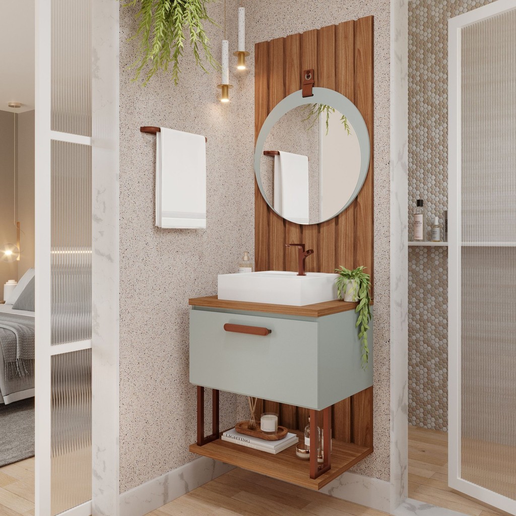 Gabinete para Banheiro 60cm com Espelheira e Painel Mari Espresso Móveis Pistache - Home & Living