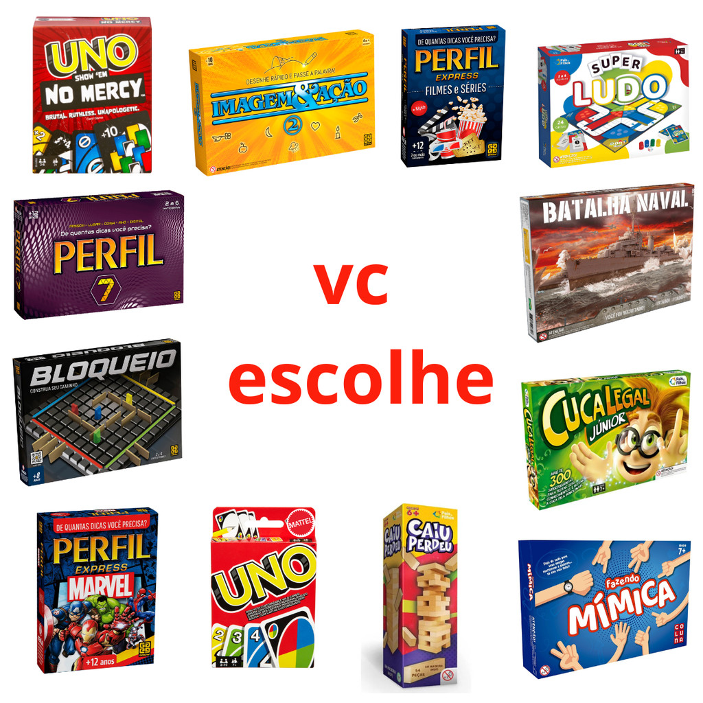 Jogos VC Escolhe Infantis Carta Tabuleiro Caiu Perdeu Ludo Forca Mimica Perfil Uno Clássicos Familia