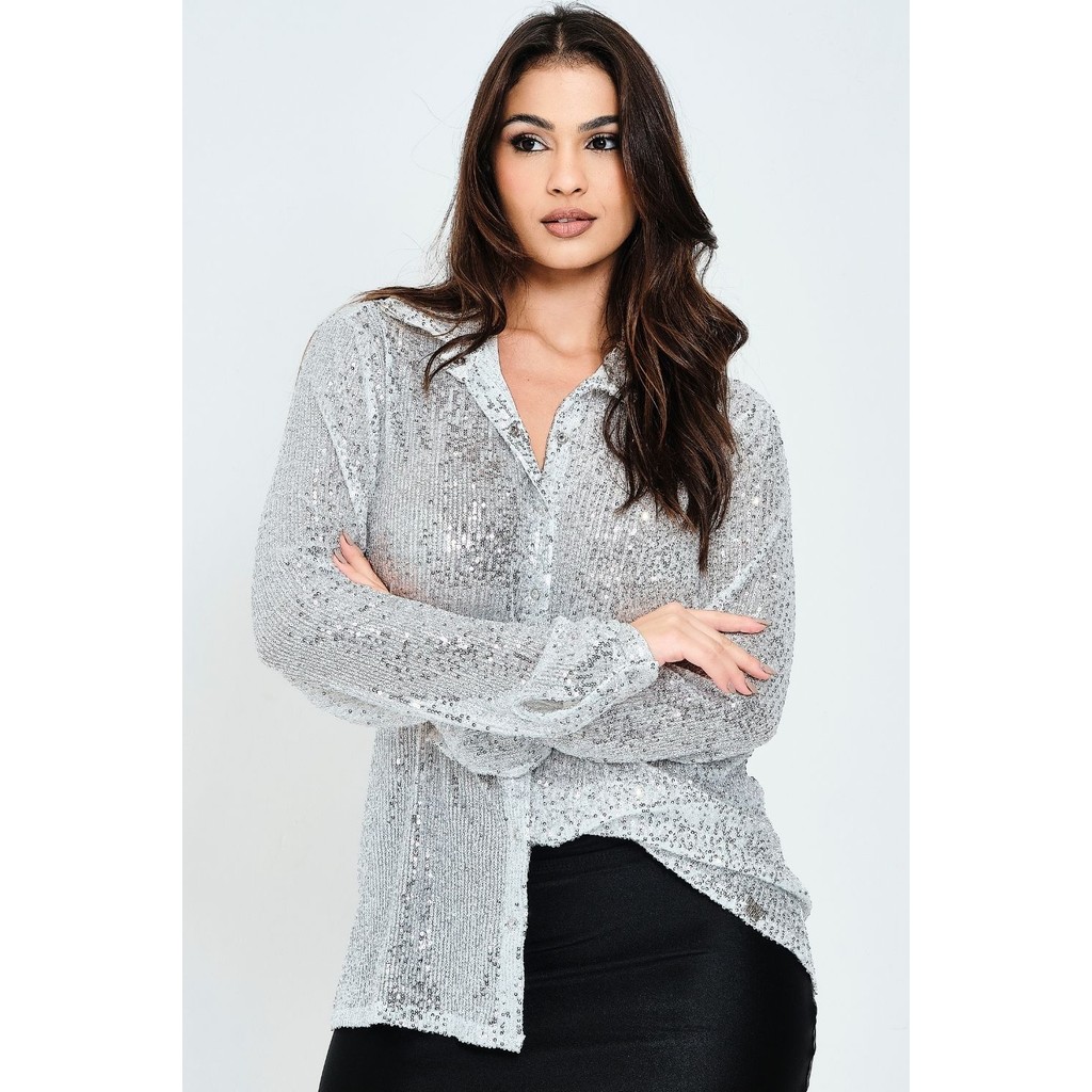 Camisa Feminina Social Paetê Planet Girls Prata - Women Clothes