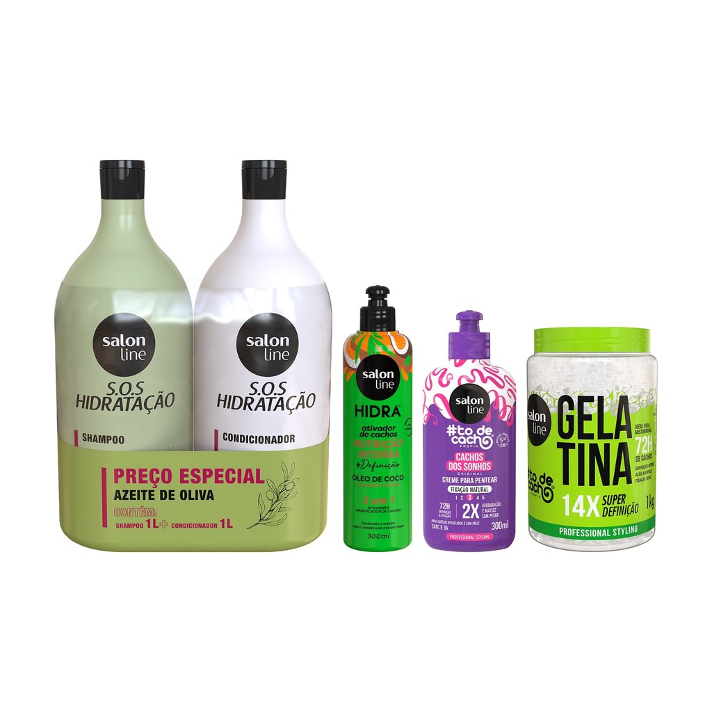 Kit Shampoo + Condicionador SOS Hidratação, Gelatina + Creme para Pentear #todecacho e Ativador de Cachos Hidra