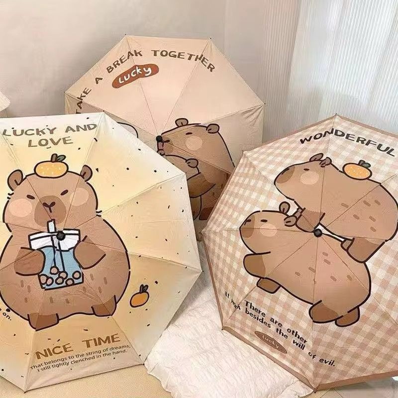 Guarda-chuva Sombrinha infantil de desenho animado Capivara manual três dobras fácil de transportar protetor solar