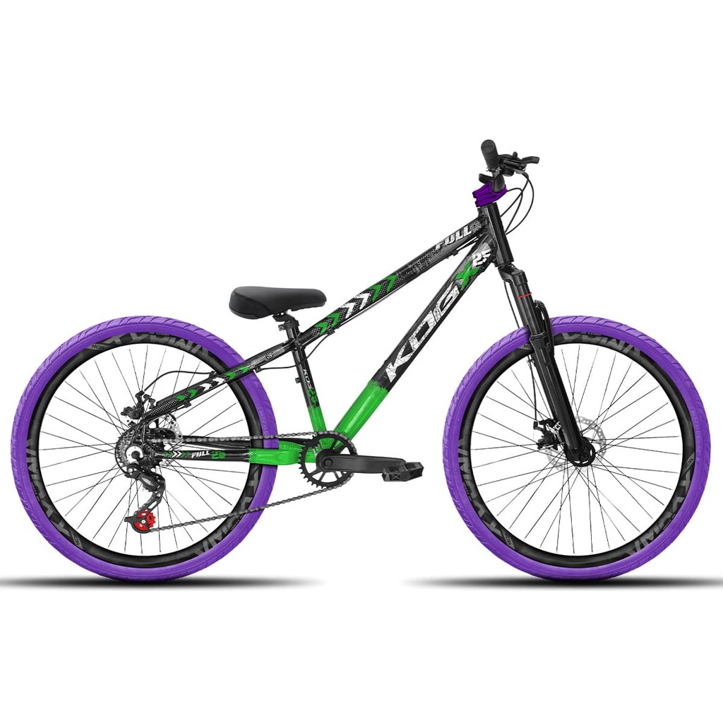 Bicicleta aro 26 KOG Freeride 1x7 Preto e Verde Vmaxx Preto Fosco - Pneus Roxo - Mesa Curta Roxa - Guidão Preto