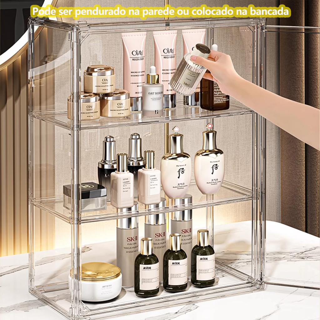 Organizador Acrílico para Maquiagem de Parede com Tampa Antipoeira 2 Gavetas Ajustáveis e ...